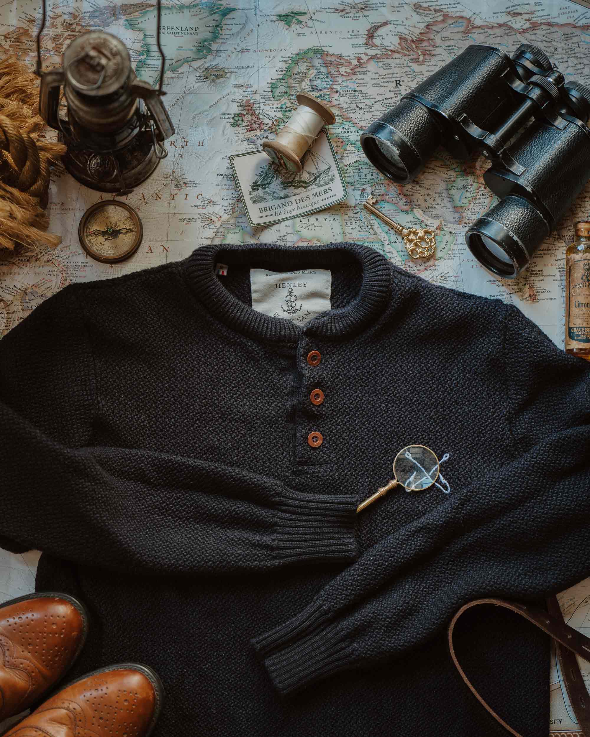 BRIGAND DES MERS Henley en Laine Mérinos Black Sam Henley Mérinos Black Sam - Laine Recyclée